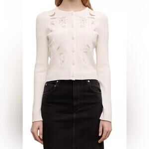 Maje Mysana Embroidered Ribbed Cardigan Size 1 Small Cream Ivory Button Up